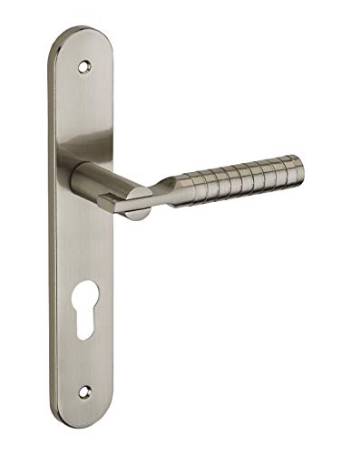 THIRARD - Ensemble de Poignées pour Porte d'Entrée Diane - Acier Embouti - Pratique et Esthétique - Trou de Cylindre - Entr'Axes 195 mm - Carré 7 mm - Finition Nickelé Brossé - Gris