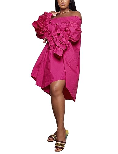 Image of WOKANSE Women's Casual Plus Size Shirred Dresses Off Shoulder Bell Sleeves Ruffle Loose Stretchy Neck Midi Dress