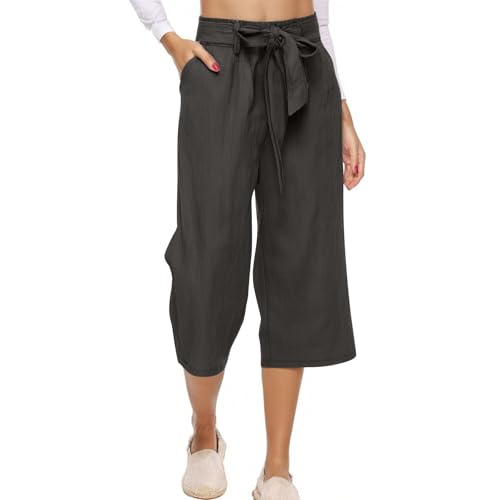 Capri Pants for Women Tie High Waisted Wide Leg Cropped Linen Pants Casual Flowy Boho Beach Palazzo Pant with Pockets3