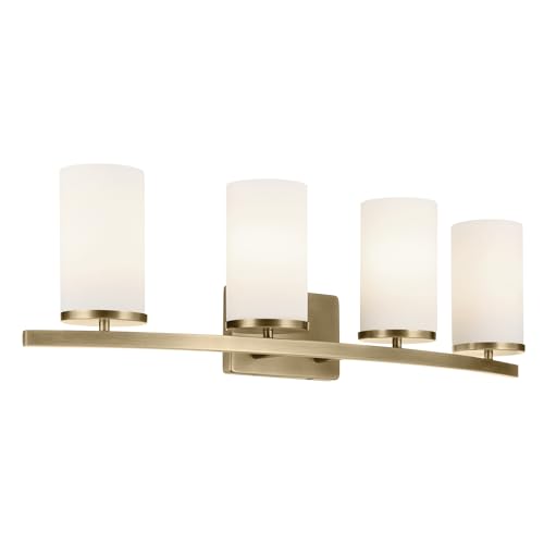 Image of Kichler Crosby 31.25 inch 4-Light Bathroom Vanity Light Fixture with Satin Etched Cased Opal Glass Shade in Natural Brass for Modern Soft Bathrooms (31.25 inch x 8.75 inch), 45498NBR
