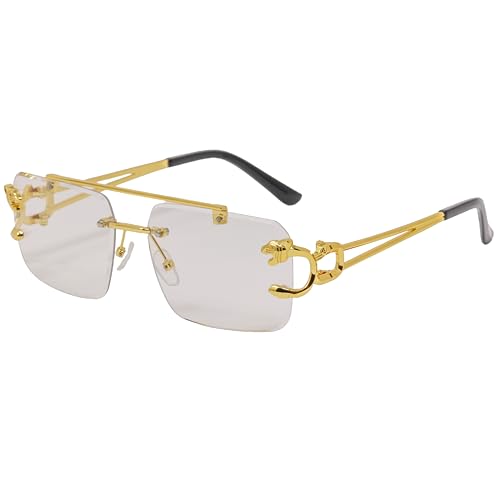 RAVI EYEWEAR Rimless Sunglasses for Men and women Fashion Square Tinted Shades Frameless Lens Metal Rectangle Glasses UV400 (Gold Clear)
