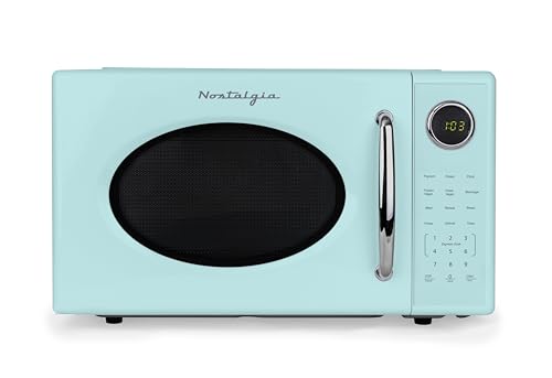 Nostalgia Retro 1000W Microwave Oven 1.1 Cu Ft Capacity – Child Safety Lock, 8 Auto-Cook Settings – Countertop Kitchen Appliance – Aqua