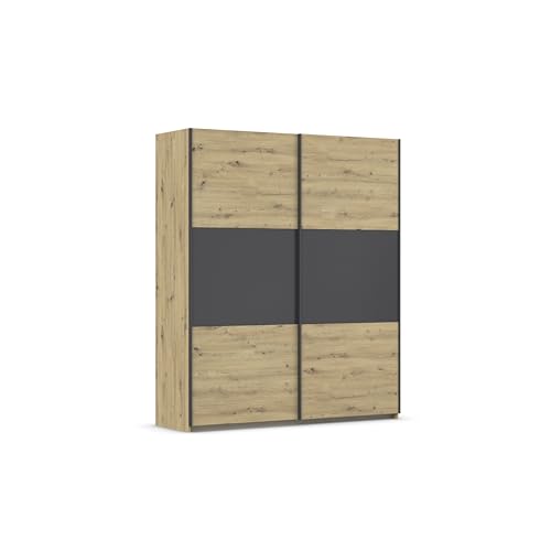 Rauch Möbel Neo, Schwebetürenschrank, Kleiderschrank, Kleiderschränke, Garderobe, Schrank mit Stauraum, 2-türig, Farbe Eiche Artisan-Grau metallic, Holz, Schwarz, 175x210x59cm