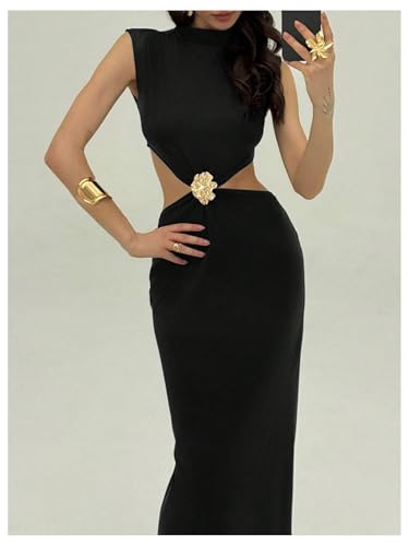 GORGLITTER Women's Metal Cut Out Bodycon Maxi Dresses Mock Neck Sleeveless Summer Wedding Guest Long Dress4