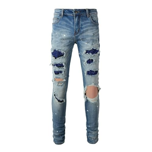 Jeans Pants Trousers Denim Trendy Street Ripped Distressed Hole Personalized Stretch Slim Fit Light Blue Zircon Shining Small Straight Leg for Men(Light Blue,33)2