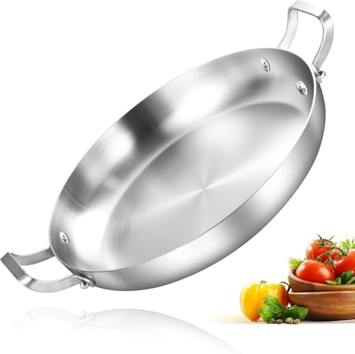 Inqibee 12-Inch Tri-Ply Stainless Steel Paella Pan, Large Skillet,Griddle Pan,Large Frying Pan,Jumbo Cooker,Induction Cookware,Dishwasher and Oven Safe.