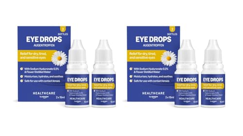 Healthcare by Amazon Colirio ocular con hialuronato de sodio al 0.2% y agua destilada floral, 15 ml (Paquete de 4) (Anteriormente una Marca de Amazon Basic Care, el Mismo Producto)