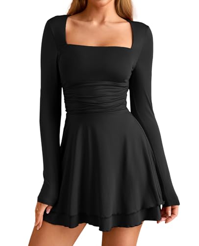 GLNEGE Women's Long Sleeve Square Neck Mini Homecoming Dress A-Li...