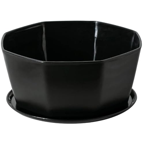 8 Succulent Pots,Ceramic Succulent Planter Pots with Drainage Hole,Shallow Plant Pot, Flower Pot for Indoor Plants Round Shallow Bonsai Pot with Bamboo Tray, Black Shallow Planter 8 Inch Plant Pot