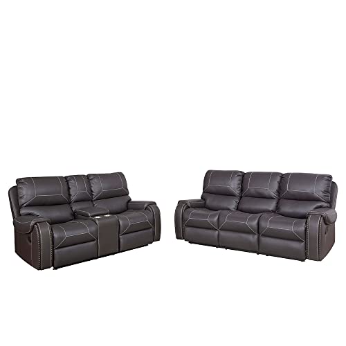 Lyuhome Reclining Loveseat Sofa Air Leather Living Room Furniture With Storage Console/Cup Holders Home Theater (Grey) #TOP4