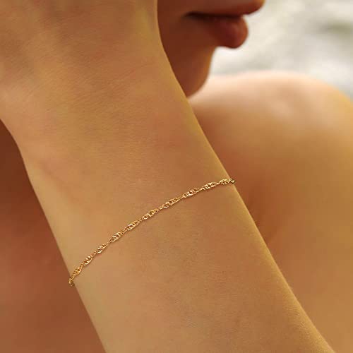 Freekiss Gold Bracelets For Women, Layering 14K Gold Filled Link Cuban Bracelet Dainty Stack Beaded Singapore Chain Bracelet Set Tiny Adjustable Bracelets Gold Jewelry For Women #TOP6
