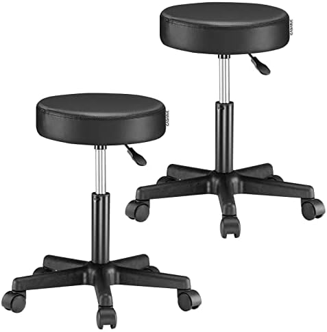 CASARIA Large 48cm Rolling Stool Wheels Height Adjustable 360° Rotatable Swivel Padded Chair Castors Seating Upholstered Black