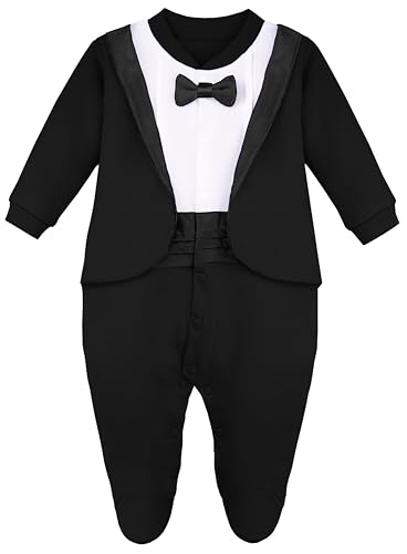 Image of Lilax Baby Boy Gentleman Tuxedo Footie Christmas Holiday Outfit with Bow Tie