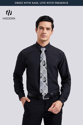 Image of HISDERN Mens Dress Shirt with Tie Pocket Square Set Classic Button Down Shirt Matching Tie Long Sleeve Shirts