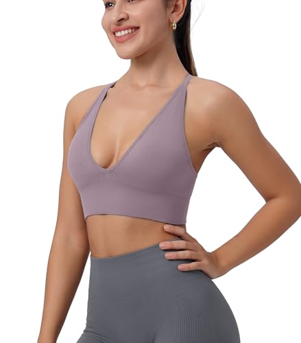 Image of Deep V-Neck Adjustable Women's Sports Bra | Wireless Longline Strappy Criss Cross Padded Spaghetti Straps Light Impact Workout Yoga Crop Top