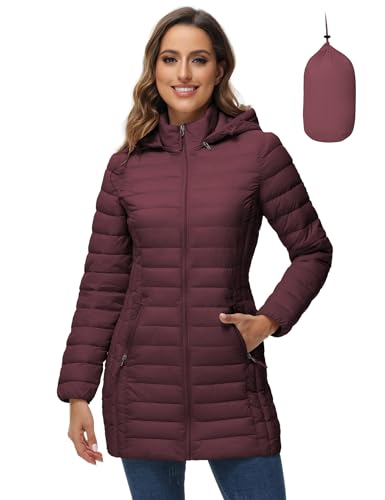 ROYAL MATRIX Women's Packable Puffer Jacket with Hood, Lightweight Quilted Travel Long Puffer Coat with Pockets