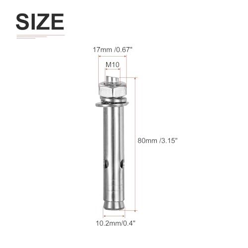 Image of DTGN M10 x 80 Hex Expansion Bolts - 4Pack - Good for Concrete Dry Brick Block Walls - 304 Stainless Steel - Silver