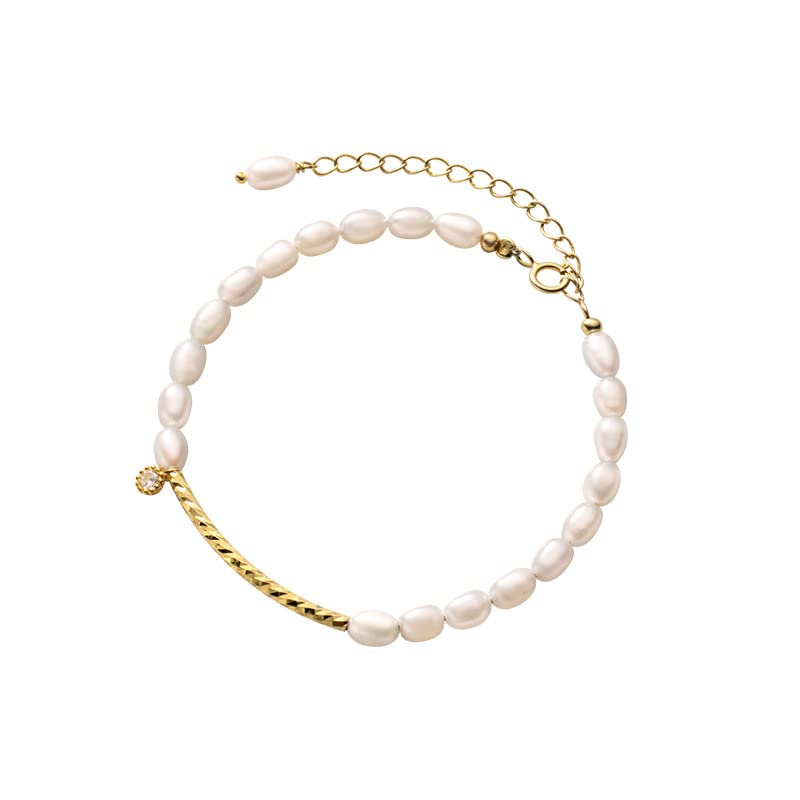 Dainty 14K Yellow Gold Pearl Beaded Bracelet,Freshwater Cultured White Pearl Bracelet for Women,Gift for Mom,Girlfriend,Wife