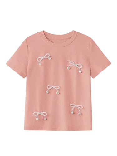 MakeMeChic Toddler Girl's Bow Beaded T Shirt Top Crew Neck Short Sleeve Cute Tee