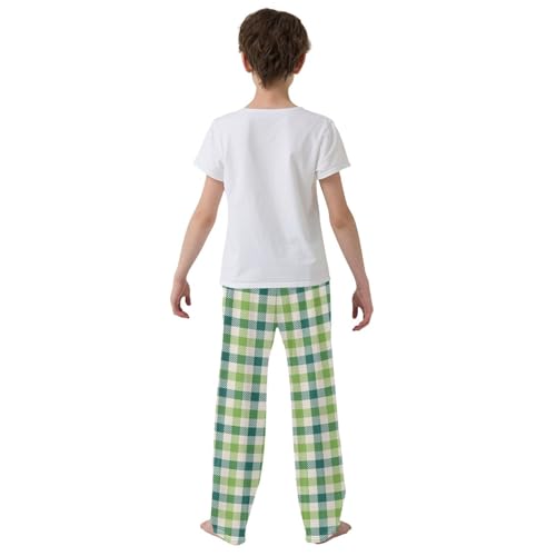Green Plaid Pattern Boys Long Pants Soft Trousers Elastic Waist Kids Lounge Bottoms with Pockets S-XL3