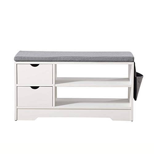 TITISKIN Shoe Storage Bench with Gray Cushion Wooden Shoe Rack Bench with 2 Shoe Rack 2 Drawer and Storage Bags Hallway Ottoman Shoe Cabinet Bench Seat for Entryway Bedroom Living Room, White - Thumbnail 7