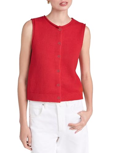 Image of EZAPINE Women Knit Sweater Vest Lightweight Button Down Crew Neck Slim Fitted Sleeveless Cardigan Crop Tank Tops Red M