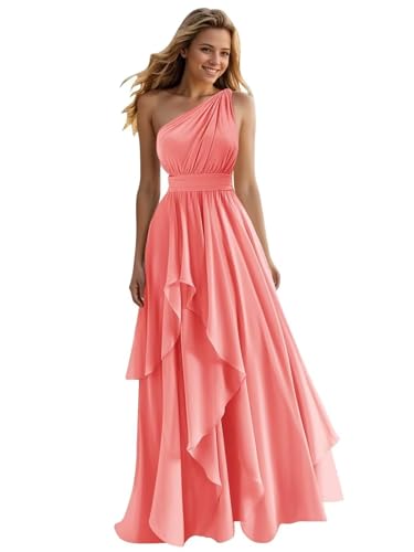 A Line One Shoulder Bridesmaid Dresses for Wedding Ruffles Chiffon Long Formal Evening Party Gowns with Pockets4