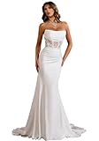 Mermaid Strapless Lace Wedding Gowns with Train Satin Sleeveless White Elegant Applique Bridal Gowns for Women Size 4