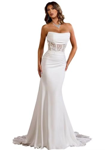 Mermaid Strapless Lace Wedding Gowns with Train Satin Sleeveless White Elegant Applique Bridal Gowns for Women Size 4