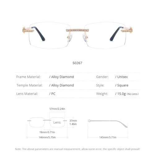 Image of HEPIDEM Vintage Style Rectangular Rimless Metal Eyeglasses for Men,New Frameless Zircon Diamonds Optical Glasses Frame