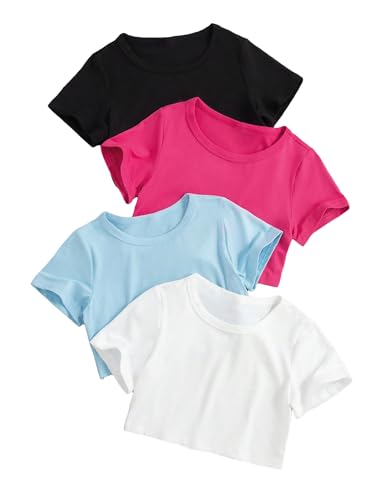 SOLY HUX Girl's 4 Piece Short Sleeve Round Neck Tee T Shirts Summer Crop Tops