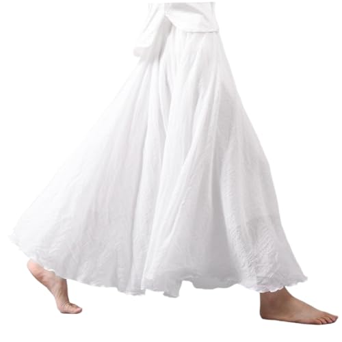 Linen Skirts for Women, Linen Maxi Skirt White Bohemian Long Skirt with Pleats A-Line Double Layer Summer Elastic Waist 33.5 in Long Flowy Beach Maxi Dress