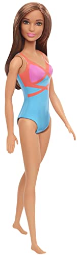 Barbie Doll, Brunette, Wearing Blue, Pink and Orange Swimsuit, for Kids 3 to 7 Years Old