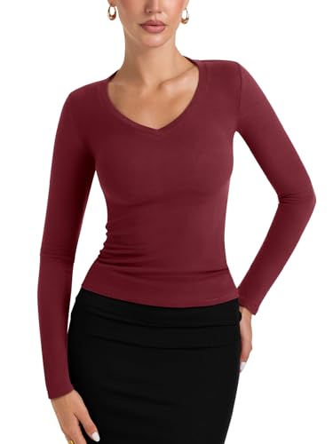 PINKMSTYLE Women V Neck Long Sleeve Shirts Slim Fit Going Out Tops Basic Fall Winter Fashion Base Layer Tops - Main Image