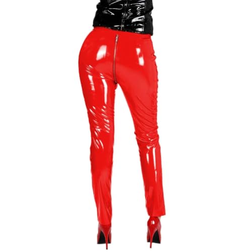 Pantalon à fermeture éclair en PVC stretch avec ouverture entrejambe