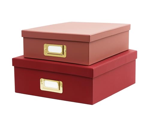 MIZFRUZZY 2-Piece Decorative Storage Boxes with Lids with Gold Label Holders, Two-tone Red Design, Stackable Cardboard Document Storage Boxes for Office, Home, Photos, Files and Keepsake Box