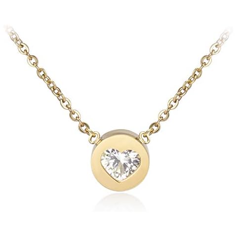 555Jewelry Womens Stainless Steel Premium Minimalist Heart Cubic Zirconia CZ Engraved Tiny Dot Round Circle Bead Floating Disc Fashion Accessory Jewelry Pendant Necklace, Yellow Gold Cover