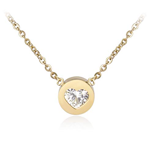 555Jewelry Womens Stainless Steel Premium Minimalist Heart Cubic Zirconia CZ Engraved Tiny Dot Round Circle Bead Floating Disc Fashion Accessory Jewelry Pendant Necklace, Yellow Gold