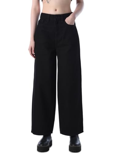 Image of ONLY Women's Solid Wide Leg High Rise Black Jeans