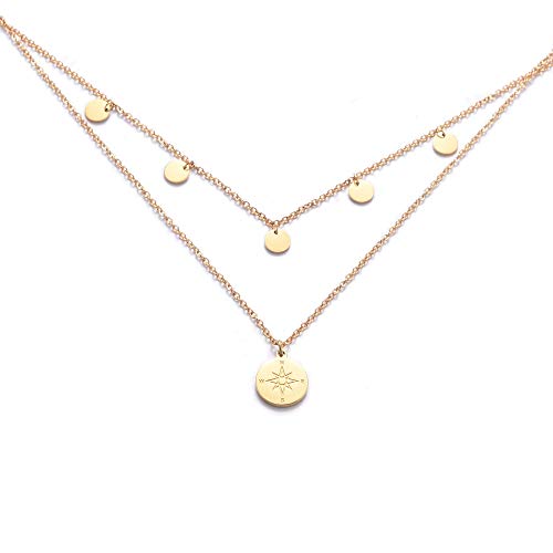 Kim Johanson Edelstahl Damen Multilayer Halskette *Coin & Kompass* in Gold mit 5 runden Plättchen (2 x Ketten Set) Boho Schmuck Kette verstellbar inkl. Schmuckbeutel