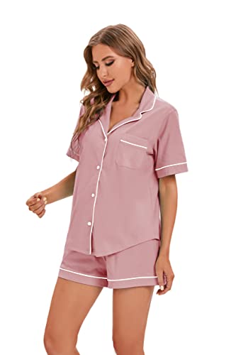 Image of LUBOT 100% Cotton Pajamas for Women 2 Piece PJ Set Button-Down Soft Knit Short Sleeve Summer Sleepwear Loungewear XS-XXL