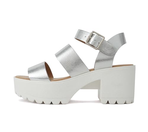 Image of Soda ACCOUNT ~ Women Open Toe Two Bands Lug sole Fashion Block Heel Sandals with Adjustable Ankle Strap