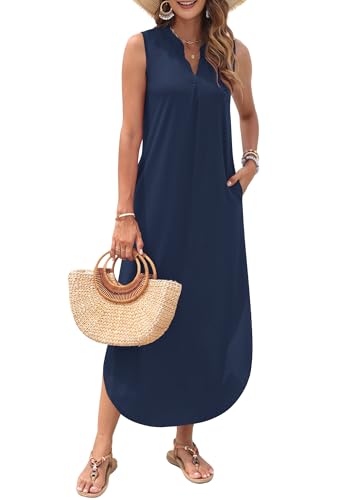 Image of AUSELILY Womens Summer Casual Maxi Dresses 2026 Sleeveless Long Beach Dresses V Neck Loose Sundresses with Side Split Pockets