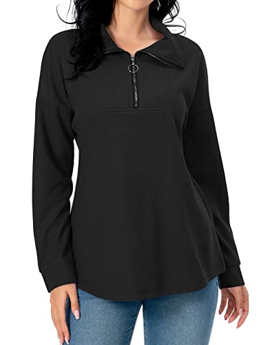 Image of Womens Trendy Casual Long Sleeve Collared Waffle Knit Tops Fall Winter Soft Lightweight Quarter Zip Pullover Sweaters