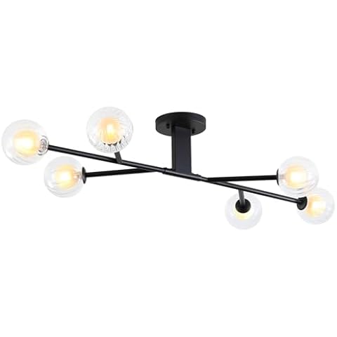 9MMML Modern Semi Flush Mount Ceiling Light, 46'' Black Sputnik Chandelier with Glass Shade, 6-Light Close to Ceiling Light Fixture for Living Room, Dining Room, Bedroom, Kitchen Island, G9 Base, 24W Cover