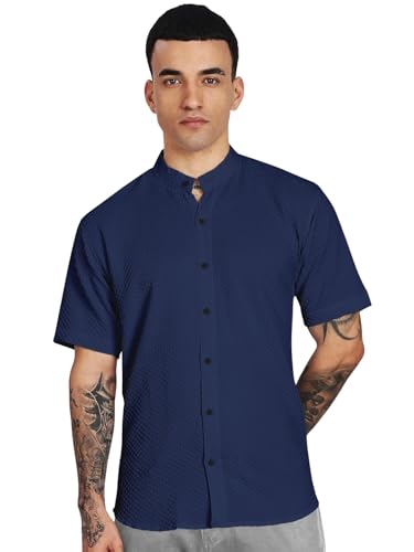 Image of Men's Regular Fit Solid Casual Shirt - Short Sleeve, Mandarin Collar, Lightweight Polyester, Stylish Everyday Wear