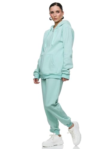 Violento Damen Jogginganzug Uni 586 | 100% Baumwolle | Trainingsjacke mit Reißverschluss | Hose mit Gummizug und Zugband | Rippstrickbündchen | Mint Grün, L