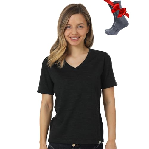 Merino.tech 100% Merino T Shirt Damen - Merinowolle Sport Wandern Thermoshirt Damen + Merino Wandersocken (X-Small, Charcoal V-Neck)