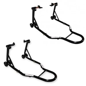 Cruizer â Caballetes negros para moto delanteros con enganches de conos y traseros con enganches de placas, ajustables con ruedas inferiores y barras de refuerzo laterales, carga total: 600 kg