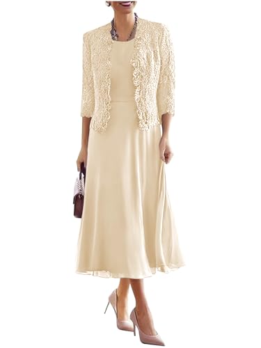 Tea Length Mother of The Bride Dress Chiffon 3/4 Sleeve Lace Formal Gowns with Jacket
